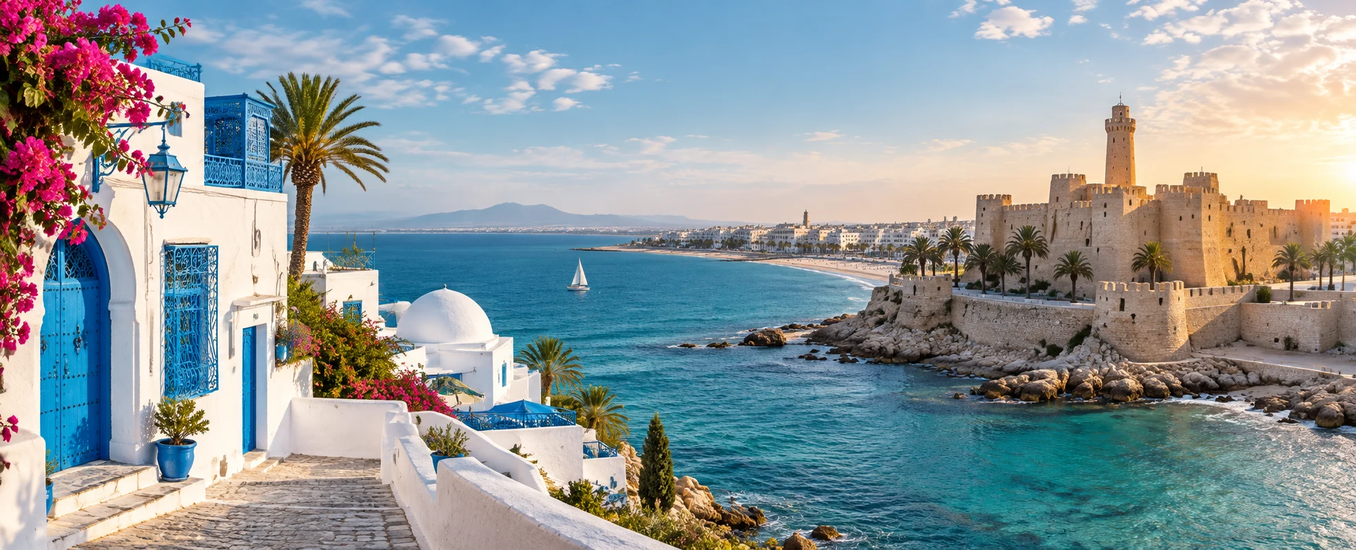 Vue panoramique de Sidi Bou Saïd et du Ribat de Monastir en Tunisie